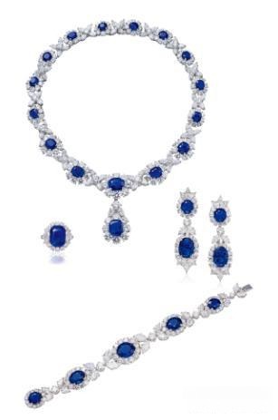 Harry Winston high jewelry set featuring 169.80ct total sapphires: necklace with 16 sapphires totaling 75.22ct and 206 diamonds totaling 108.33ct with detachable pendants, 38.5cm length; ring with 18.32ct sapphire and 13 diamonds totaling 4.23ct; bracelet with 5 sapphires totaling 36.27ct and 85 diamonds totaling 33.11ct, 18.8cm length; earrings with 4 sapphires totaling 39.99ct and 21.14ct diamonds, 6.5cm length
