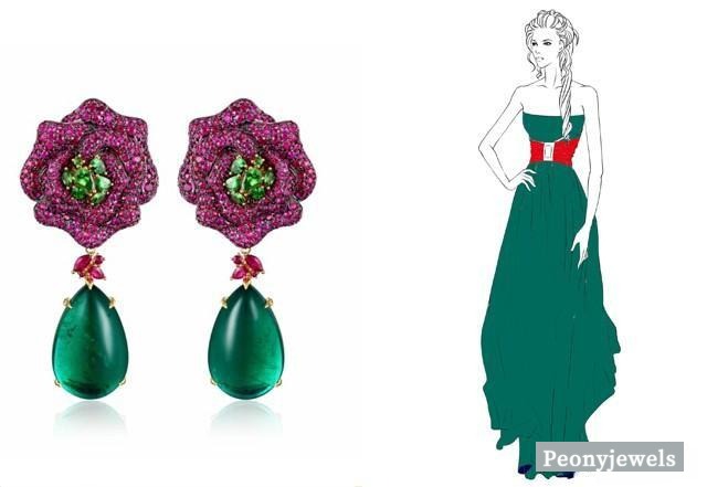 Left: Emerald earrings by James Ganh; Right: Hand-painted illustration of a woman in a green dress with a red belt, showing how red and green can complement each other when proportioned correctly for a harmonious visual effect.