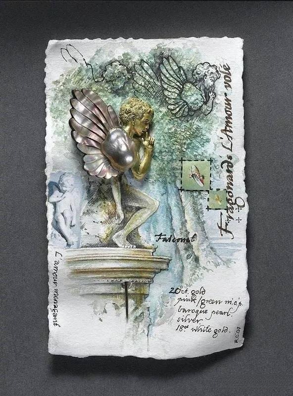 Jewelry piece featuring an angelic boy with wings alongside its design sketch, reflecting poetic imagination and meticulous craftsmanship