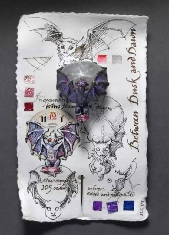 Jewelry piece featuring a bat alongside its design sketch, highlighting dark-romantic style and detailed artistic craftsmanship