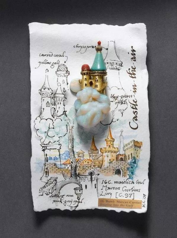 Jewelry artwork featuring a castle motif with its design sketch, showcasing architectural imagination and detailed goldsmith artistry