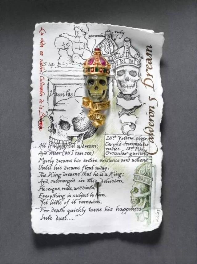 Jewelry piece featuring a crowned skull with its design sketch, blending dark-romantic symbolism with masterful craftsmanship