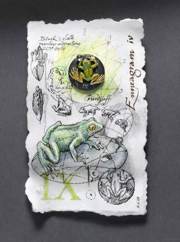 Jewelry piece featuring a frog alongside its design sketch, showcasing whimsical dark-romantic style and intricate craftsmanship