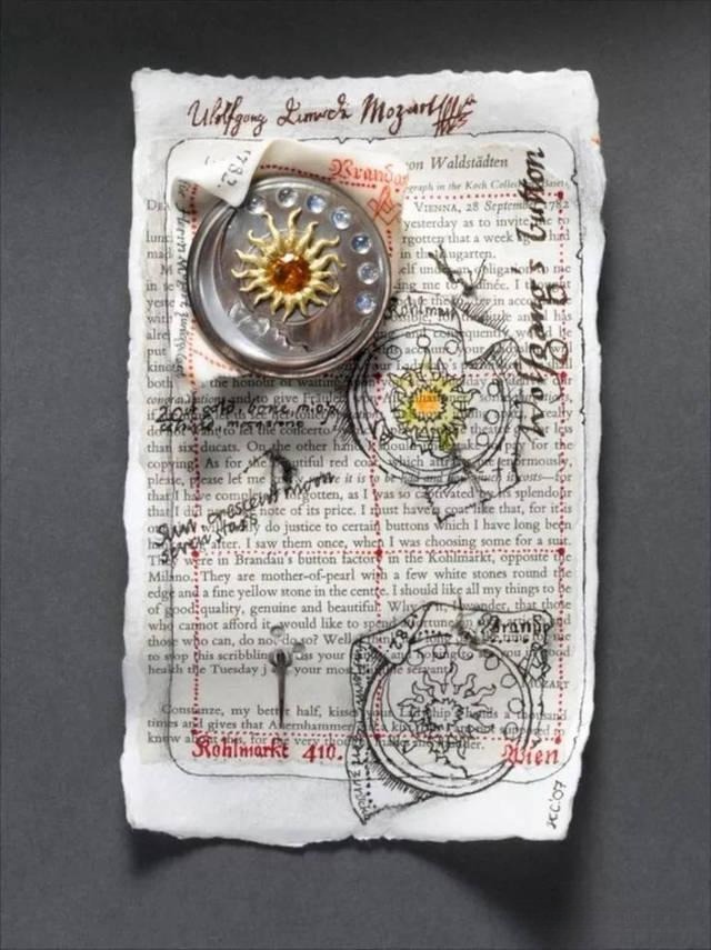 Jewelry piece displayed alongside its design sketch, illustrating Kevin Coates’s artistic vision and meticulous craftsmanship