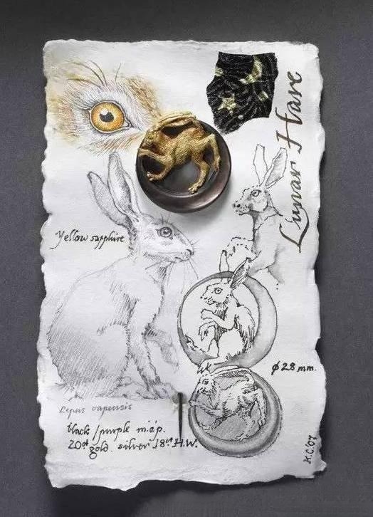 Kevin Coates jewelry featuring a running rabbit design alongside its hand-drawn sketch, showcasing whimsical dark-romantic style and detailed craftsmanship