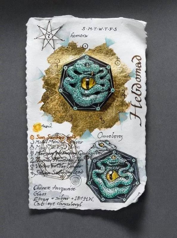 Jewelry piece featuring a serpent alongside its design sketch, showcasing dark-romantic style and intricate craftsmanship