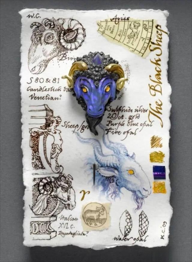 Jewelry featuring a sheep-head design, accompanied by a hand-drawn sketch, showcasing the fusion of mythology and artistic craftsmanship
