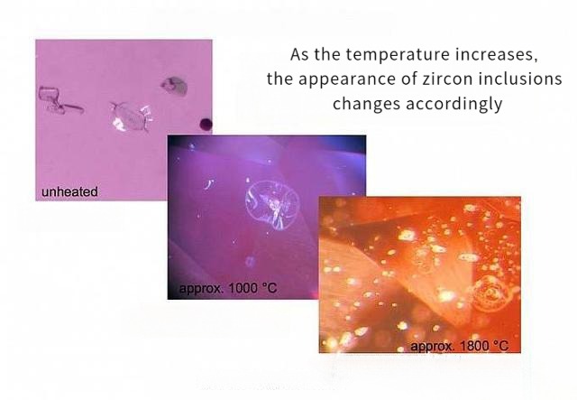 Madagascar pink sapphire zircon inclusions before heating, after ~1000°C heating, and after ~1800°C heating, showing shape changes and heat treatment evidence