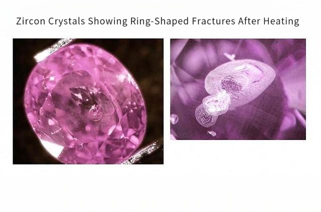 Zircon inclusions in Madagascar pink sapphire burst from heat, forming ring-shaped structures
