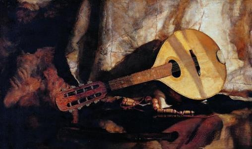 Mandolin with bright and delicate tone, played with a small pick, playful yet melancholic, reflecting the theatrical spirit loved by Kevin Coates