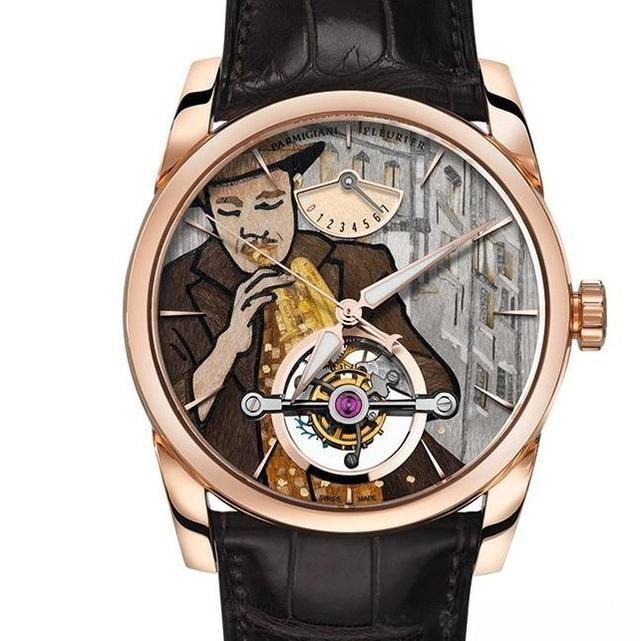 Luxury watch showcasing detailed marquetry craftsmanship on the dial