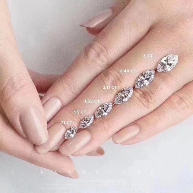 Visual guide showing how different sizes of marquise cut diamonds look when worn on the finger.