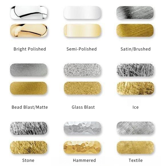 Visual display of different metal texture and finishing techniques on rings.