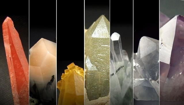 Collection of inclusion-free natural quartz crystals in various colors including clear, rose, amethyst, citrine, green, ametrine, and smoky quartz.