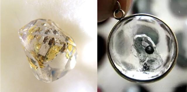 Two natural quartz crystals with inclusions: left is Oil Bubble Quartz, right is Water Bubble Quartz, highlighting the unique internal features.