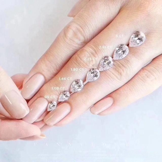 Visual guide showing how different sizes of pear shaped diamonds look when worn on the finger.