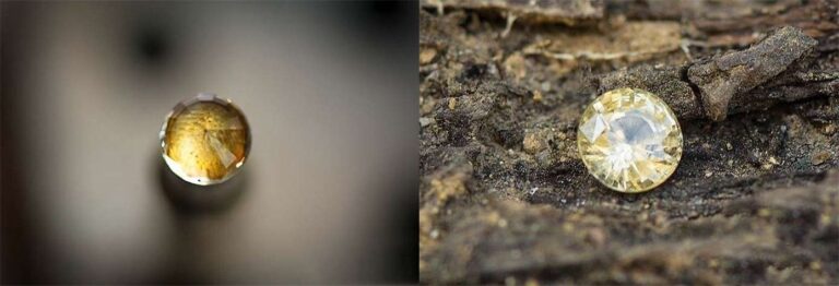 Side-by-side comparison of the polished yellow sapphire and its final setting in jewelry, illustrating the gemstone's transformation through the cutting and polishing process