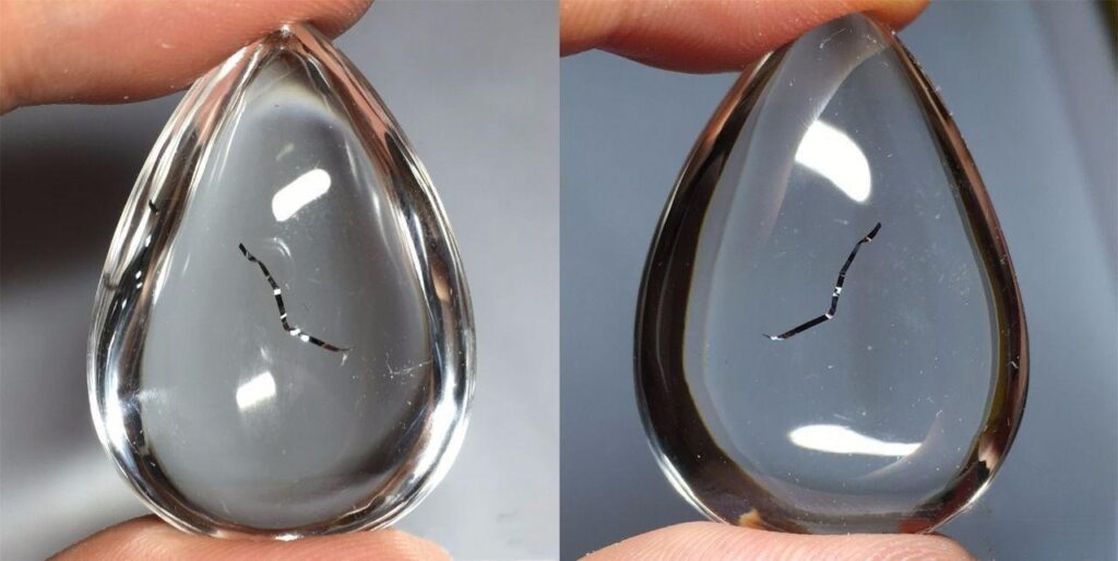 Quartz crystal containing bismuth-lead inclusions resembling fine metal wires similar to steel wool, floating inside the crystal