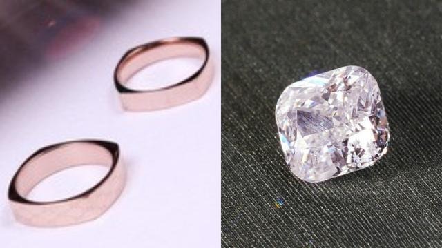 Rose gold ring with pink diamond on the left and loose pink diamond on the right, showing how jewelers enhance warm, rich tones by pairing pink diamonds with rose gold.