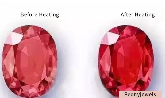 Comparison of a ruby before and after heating; the heated ruby displays a more vivid and vibrant color.