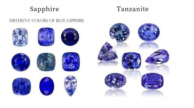 Side-by-side comparison of Sapphire and Tanzanite gemstones, highlighting the differences in blue and violet-blue hues