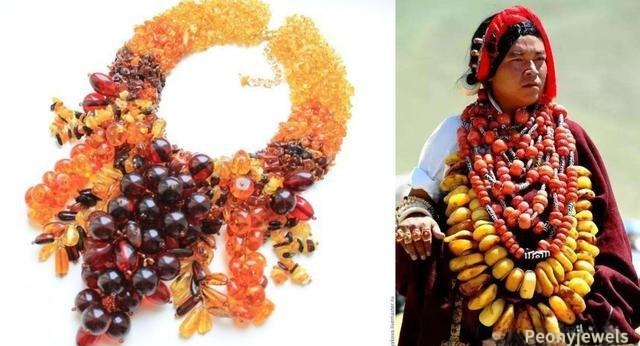 Tibetan person wearing traditional beewax jewelry, showcasing layered necklaces made from fossilized resin with cultural significance.