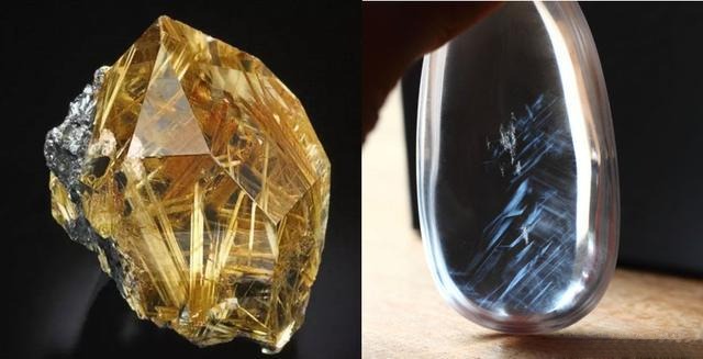 Two natural quartz crystals with inclusions: left is Titanium Quartz (Rutilated Quartz), right is Blue Needle Quartz, highlighting their distinctive internal features.