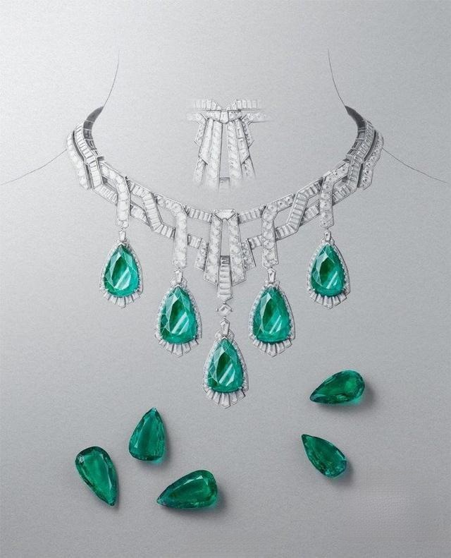 Formal jewelry design drawing of a necklace created in a traditional studio, showcasing precise craftsmanship and artistic detailing