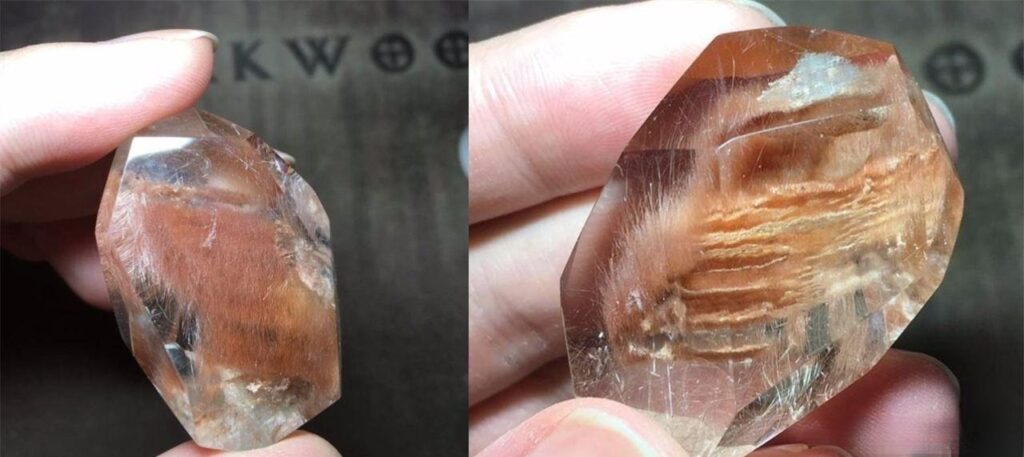 Venus quartz showing red rabbit hair inclusions from two angles in one image, with delicate rutile fibers floating inside like soft hairs in water
