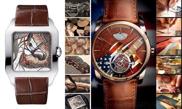 Step-by-step diagram showing the process of wood marquetry in watchmaking