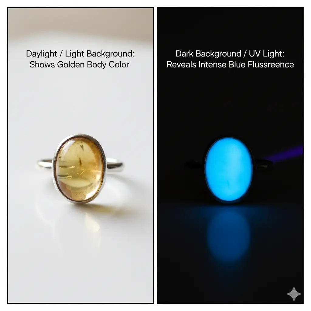 A comparison image of blue amber in daylight/light background versus dark background/UV light, highlighting the fluorescence effect.