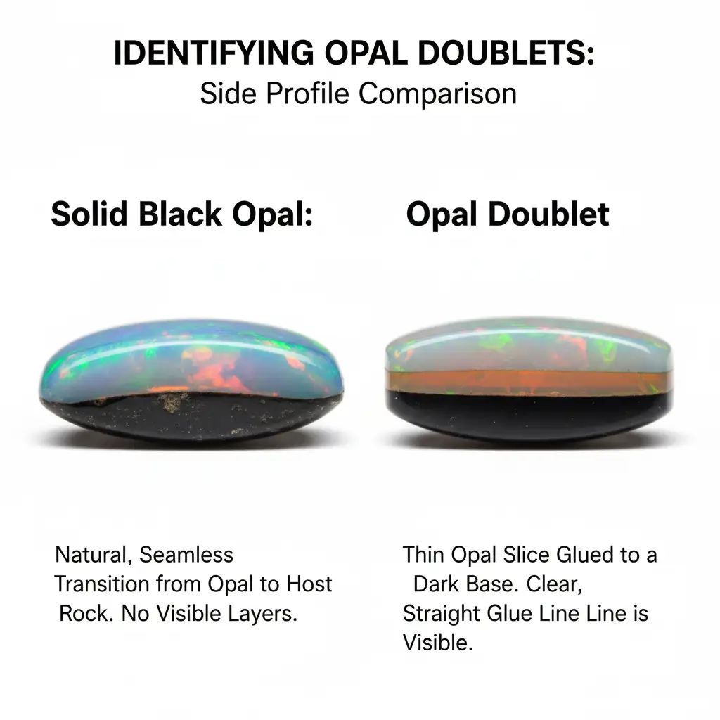 A magnified side-view comparison of an opal doublet and a solid opal, highlighting the glue line in the doublet.