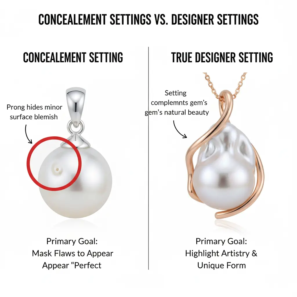 An illustration of pearl or jade settings, showing how prongs or caps can strategically cover minor surface blemishes.