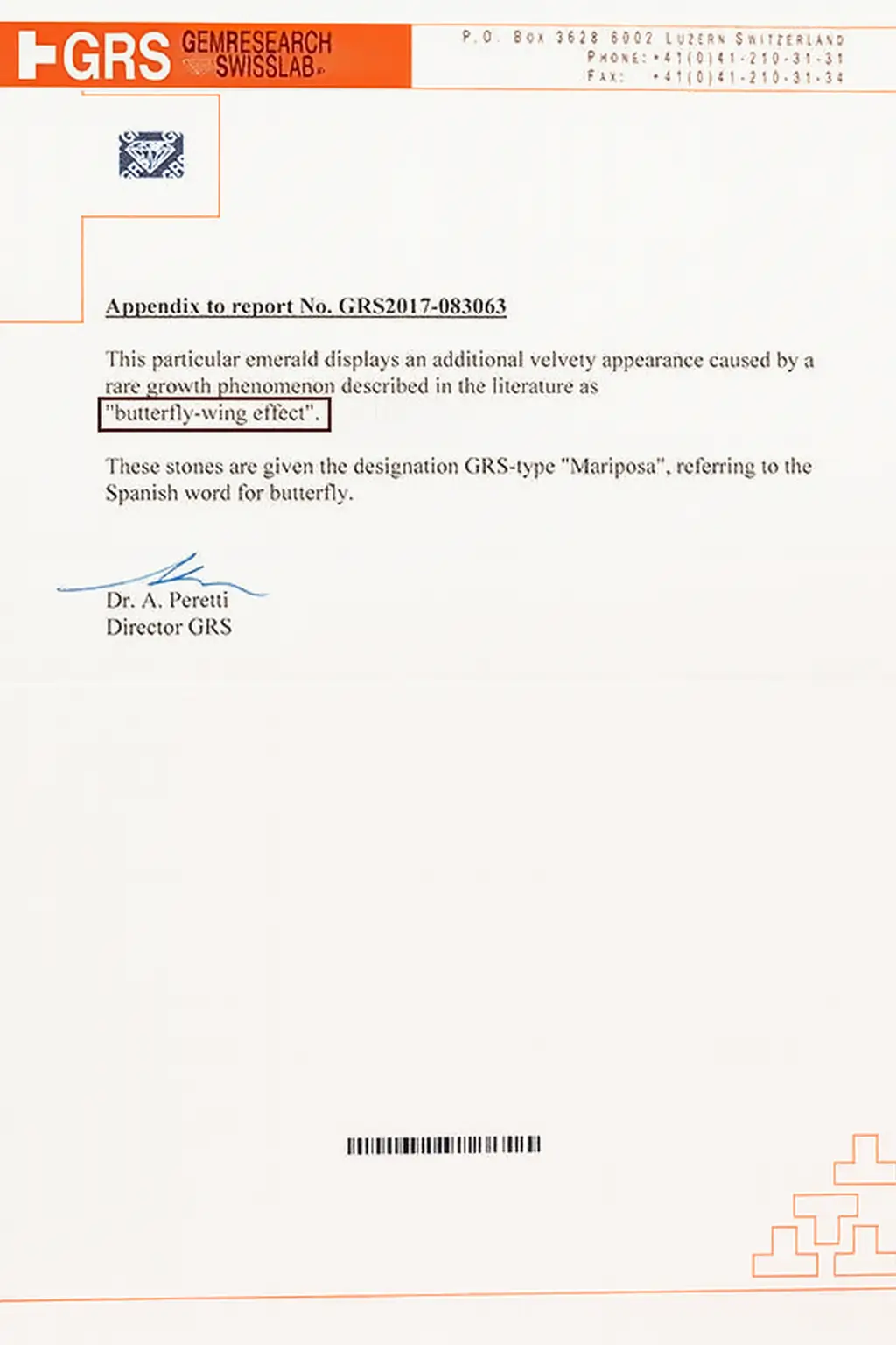 A section of a gemological certificate containing a special notation regarding the rare "Butterfly Effect" phenomenon in an emerald.