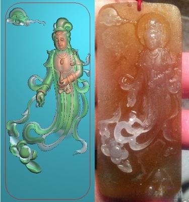Computer-engraved Guan Yin jade pendant with precision carving, closely resembling a hand-carved masterpiece.