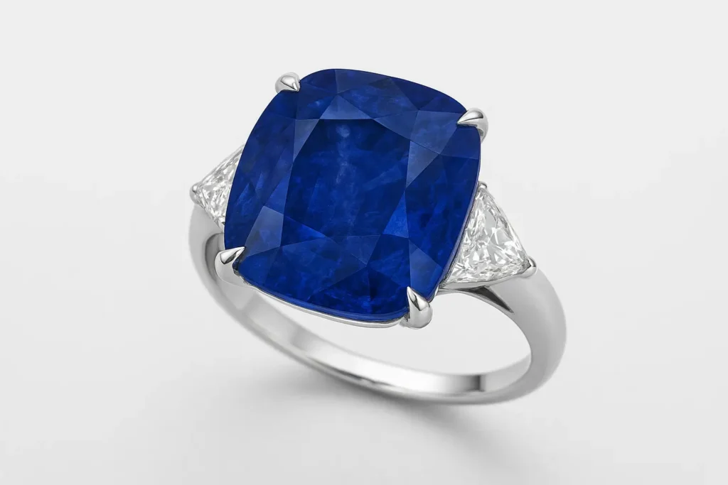 Kashmir cornflower blue sapphire ring , a rare example in sapphire color classification with velvety texture.