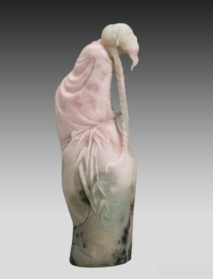 Nanyang Dushan Jade carving titled "Banqiao Appreciating Bamboo," showcasing the figure and symbolic bamboo.