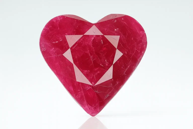 8.57 carat heart-shaped ruby treated with zinc glass fracture filling for enhanced clarity.