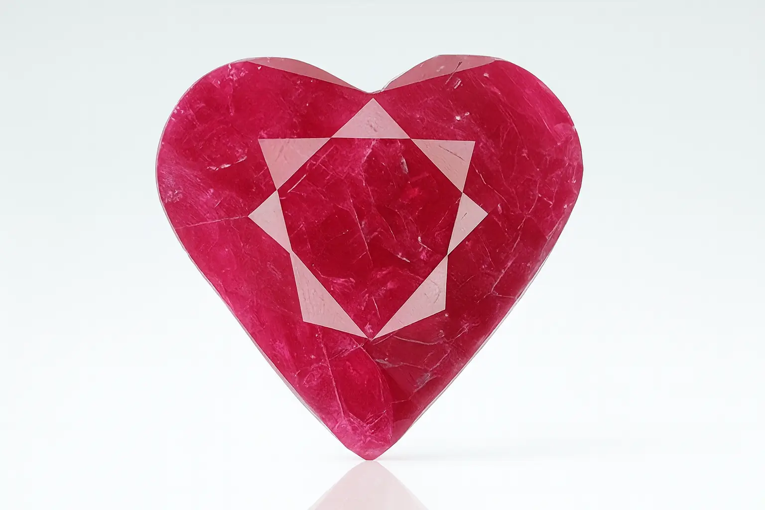 8.57 carat heart-shaped ruby treated with zinc glass fracture filling for enhanced clarity.