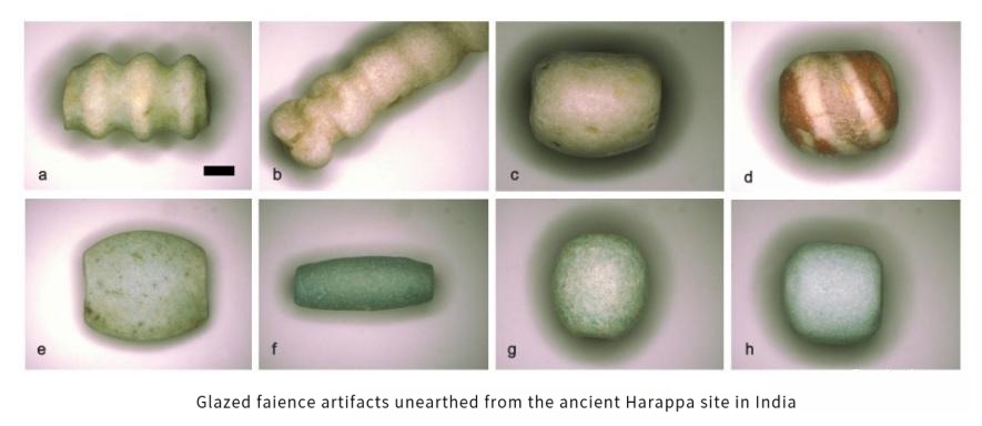 Glazed sandware artifacts discovered at the Harappa site, showcasing ancient craftsmanship.