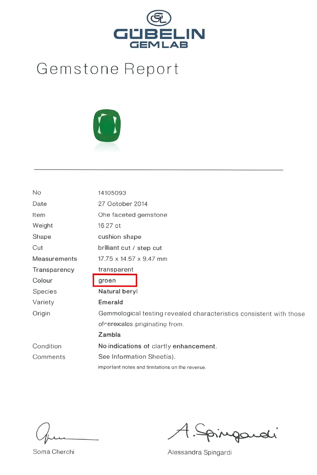 A sample of a Gübelin Gem Lab report for an emerald, showing the simple "Green" color grade and other identification details.