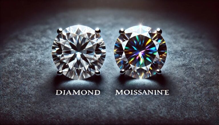 Close-up comparison of moissanite and diamond showing brilliance and color differences for gemstone identification.