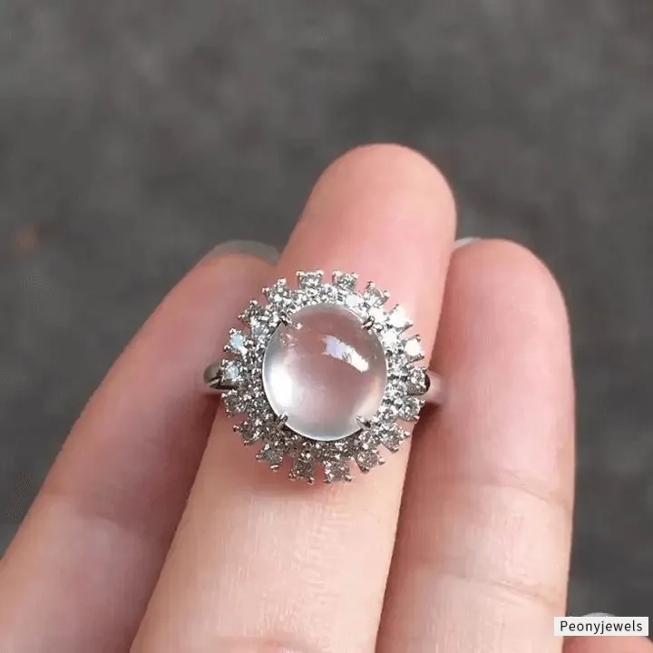 Jewea custom glass jadeite silver ring with sparkling, translucent zircon accents