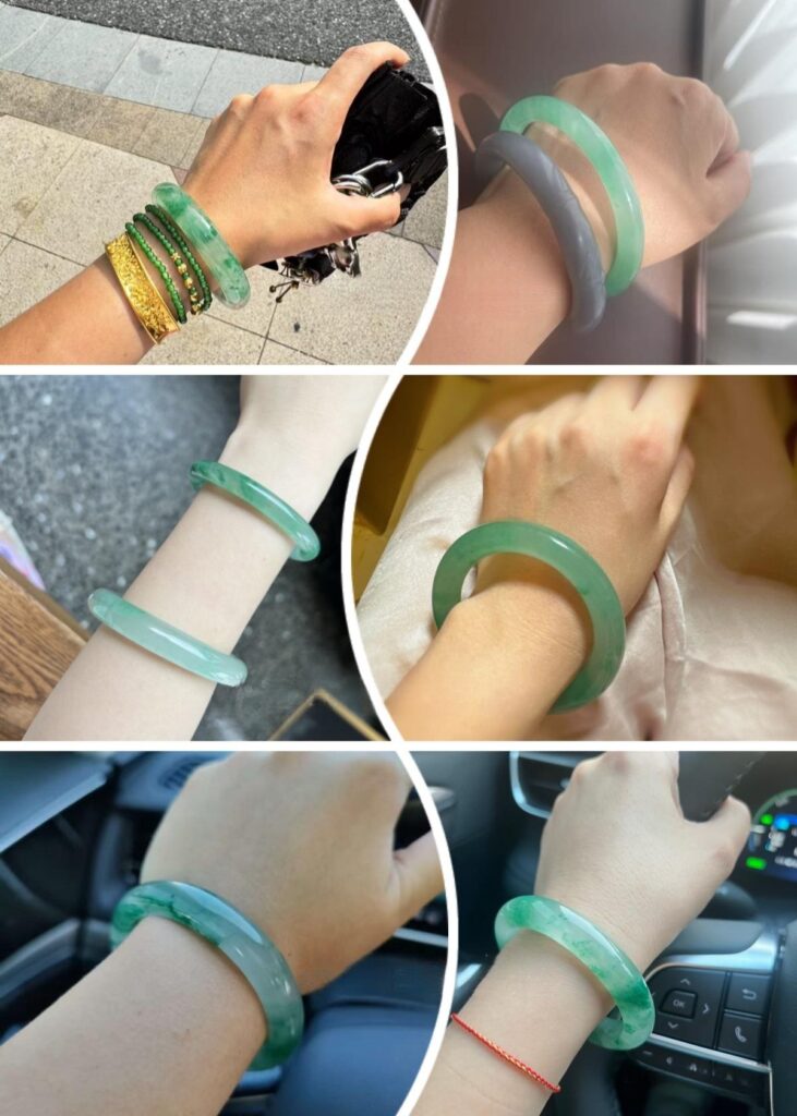 Jewea custom jade bangle worn daily, showcasing its elegant design and natural green tones.