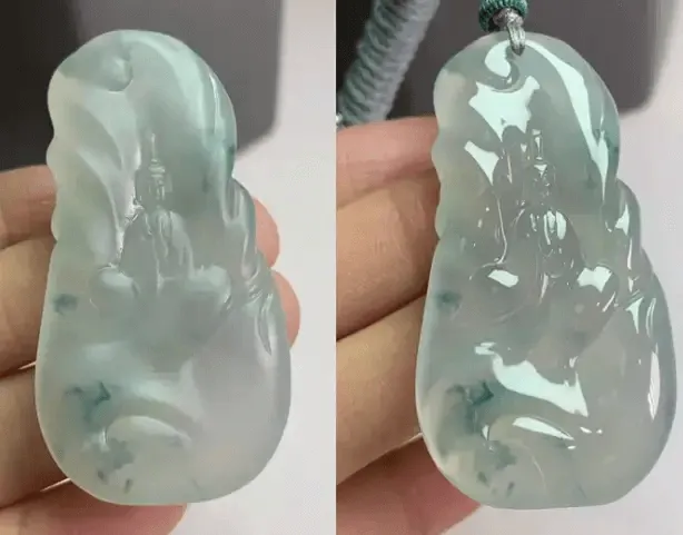 Jadeite Guanyin pendant in Qi Huo stage, polished from rough to reveal clearer appearance, showing quality and imperfections