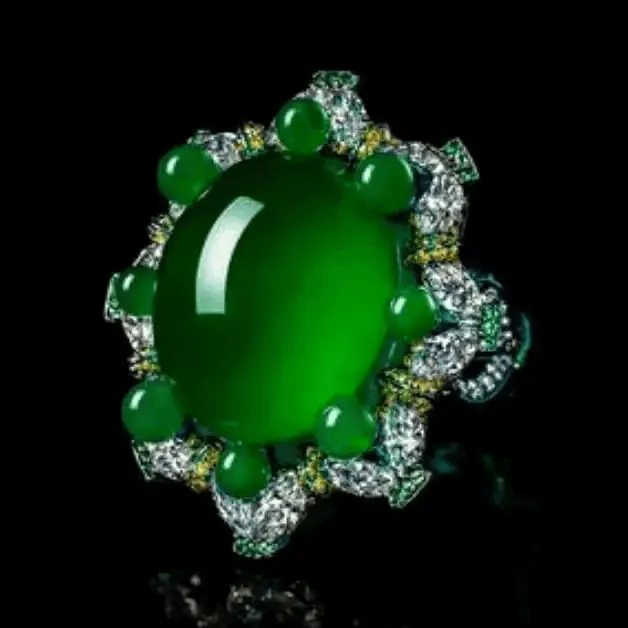 Jewea jadeite ring in spicy green with high color saturation and strong visual impact, see Jadeite Buying Guide