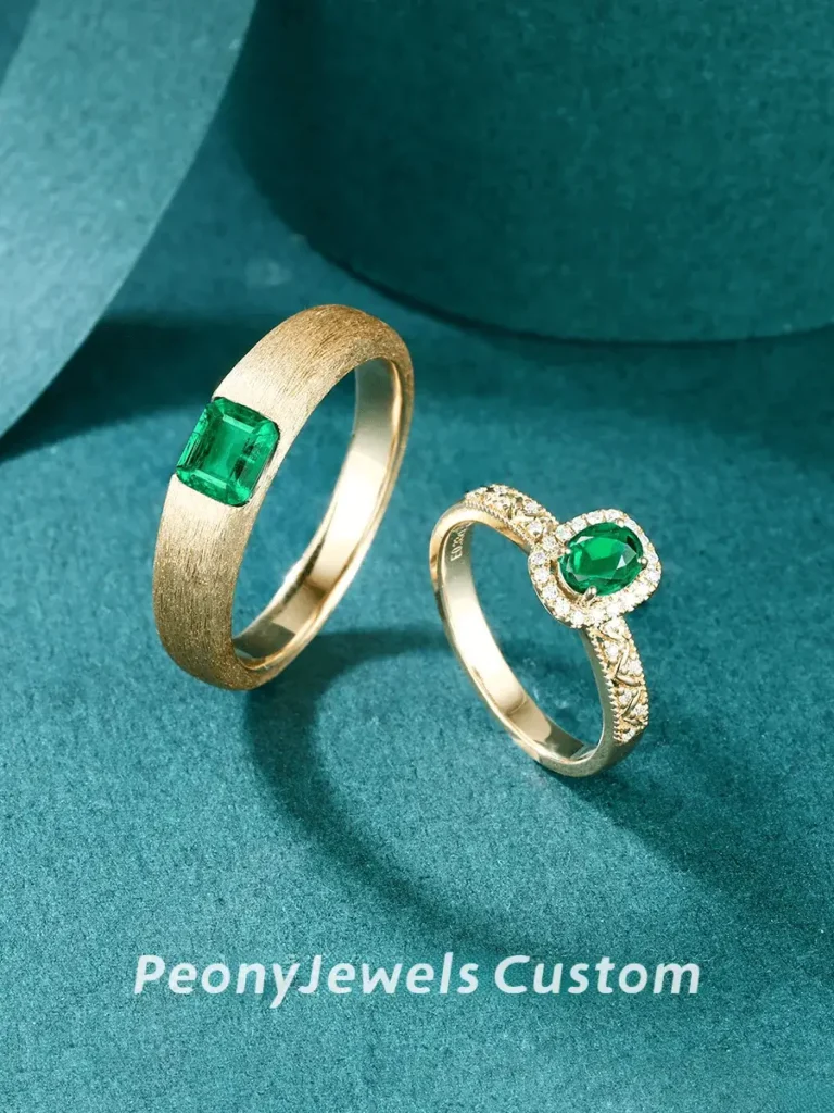 Jewea Certified Couple Rings: We set these natural emerald and diamond rings in 18k gold and provide a certified appraisal for your complete assurance.