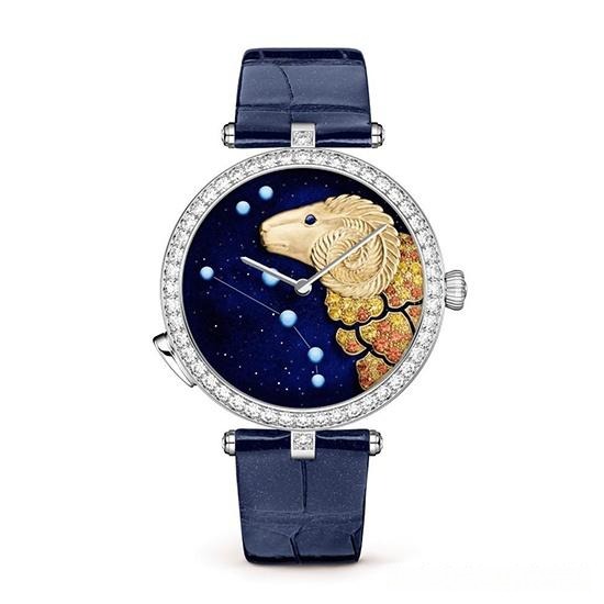 Lady Arpels Zodiac Lumineux Aries watch with exquisite craftsmanship, featuring the fiery ram symbol and elegant gemstone details