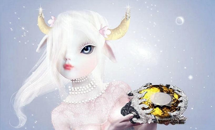 Lydia Courteille Aries zodiac ring poster featuring bold and artistic ram design with vibrant gemstones