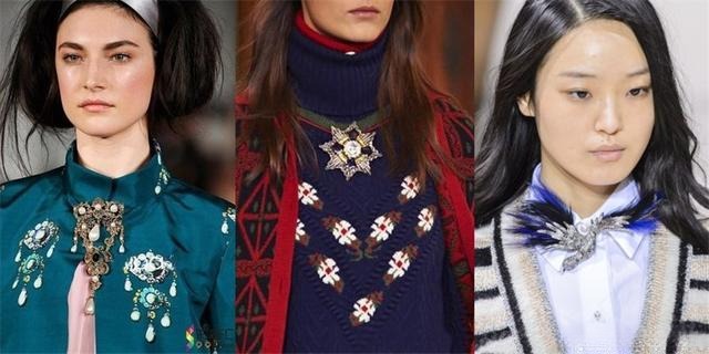 Model wearing a brooch at the center of a shirt collar, highlighting a chic and feminine styling idea.